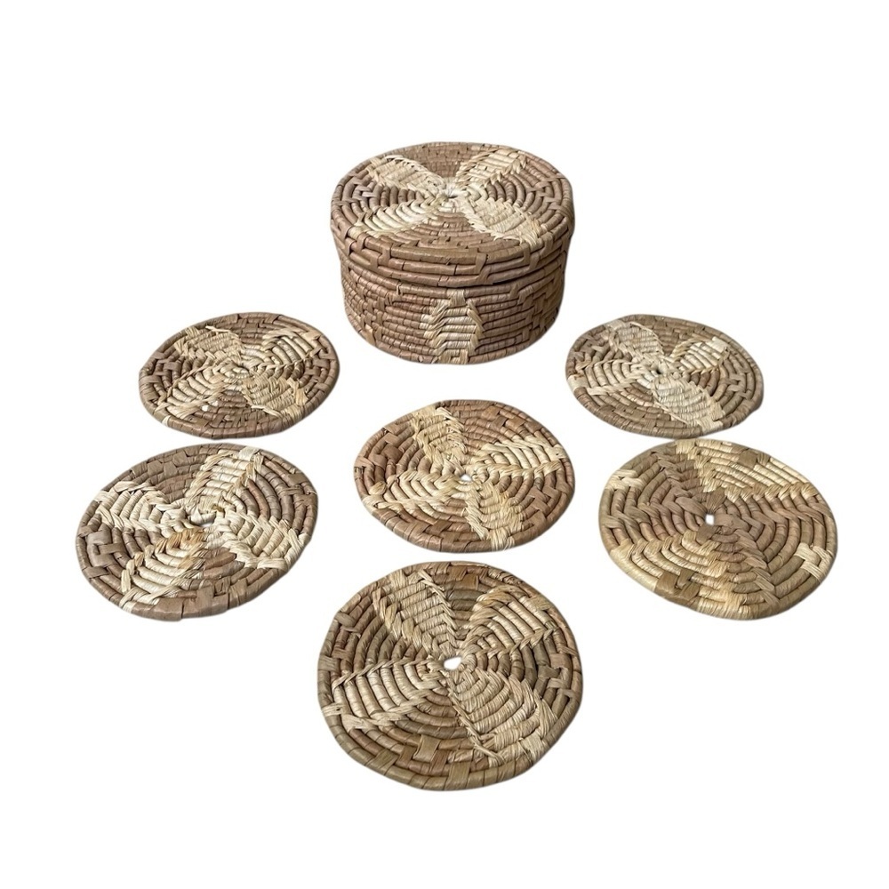 Handcrafted Brown and Tan Woven Rattan Coaster Ser